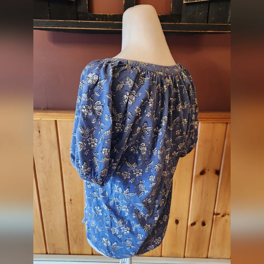 LOFT Floral Tie Neck Puff Sleeve Top Blue Floral Blouse Size XS